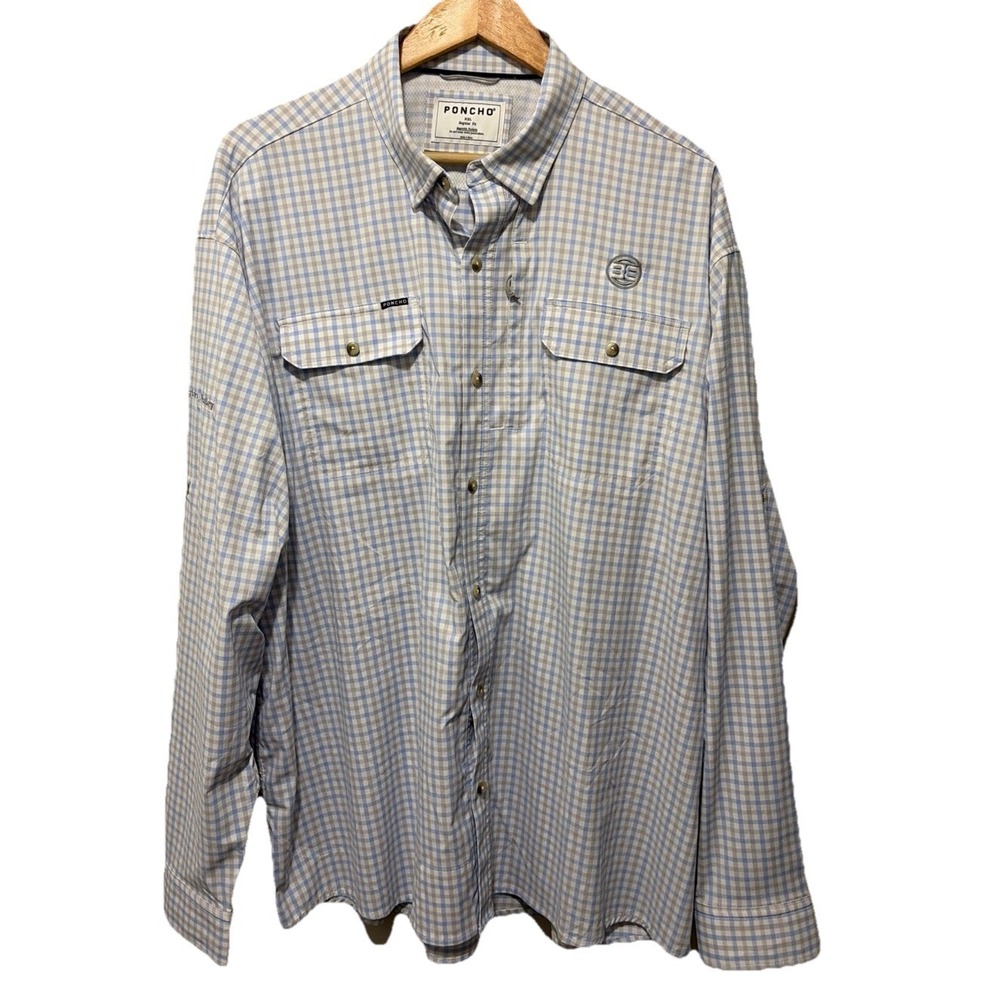Poncho Wahoo Performance Fishing Shirt XXL Blue Plaid Vented Stretch